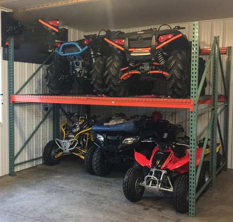 24 ft. ATV Storage Sheds, all metal, with roll up rear door!